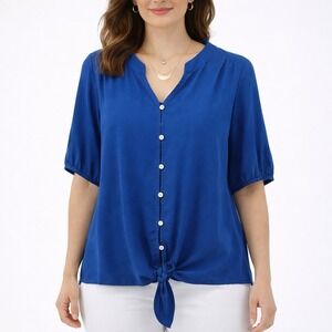 Chico's Royal Blue Tie Front Button Down Blouse Short Puff Sleeve Size 0 Small